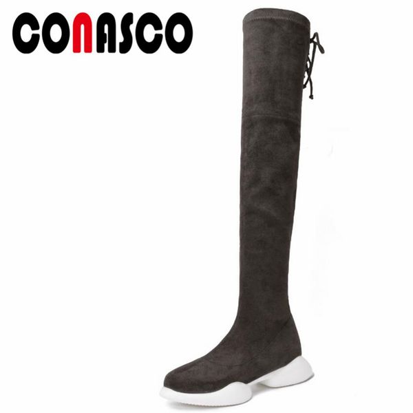 

conasco 1fashion women over the knee boots autumn winter warm platforms flats shoes woman casual quality brand design high boots, Black