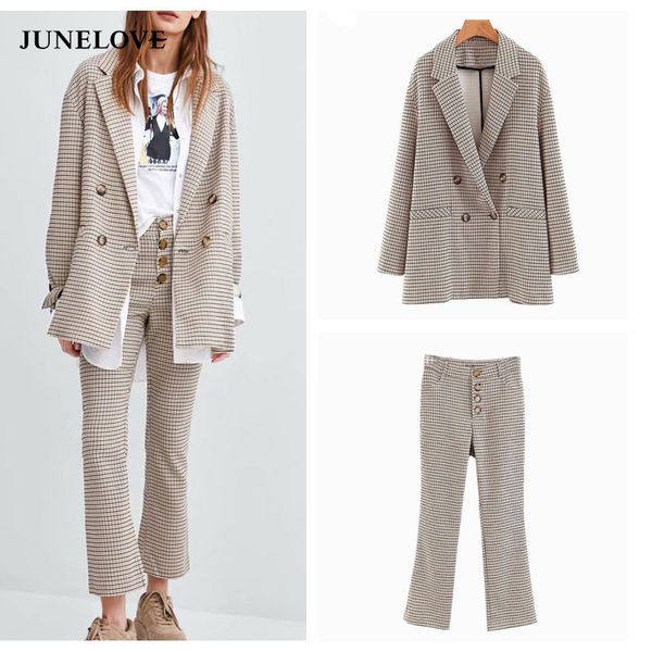 

2018 new work fashion pant suits 2 piece set for women double breasted plaid blazer jacket & trouser office lady suit feminino, White;black