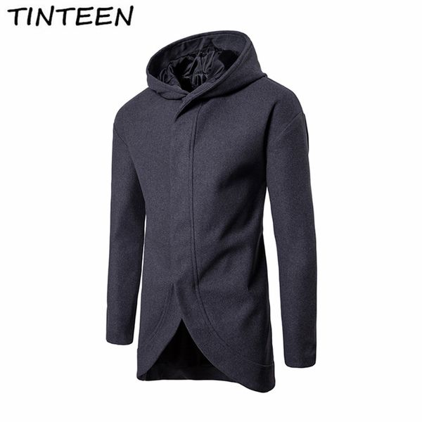 

tinteen 2018 winter coat men's solid color wool long hooded fashion wind slim coat men's fashion woolen hxh144, Black