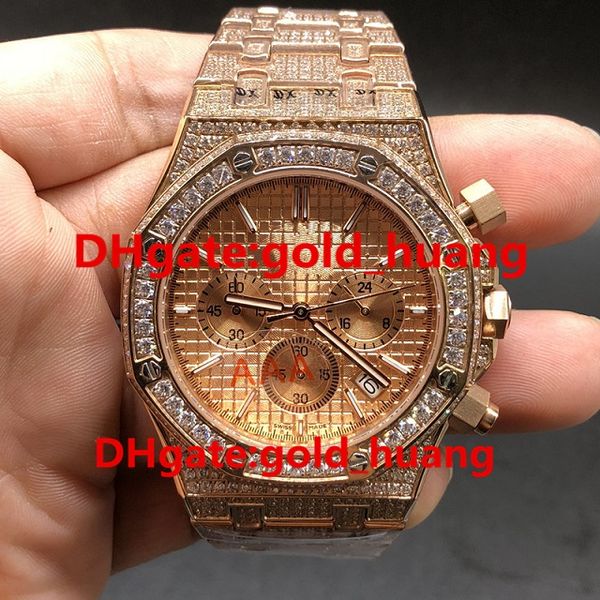 

full iced luxury 42mm diamond quartz man watch full diamond band quartz stainless steel sapphire full function men's watches champagne, Slivery;brown