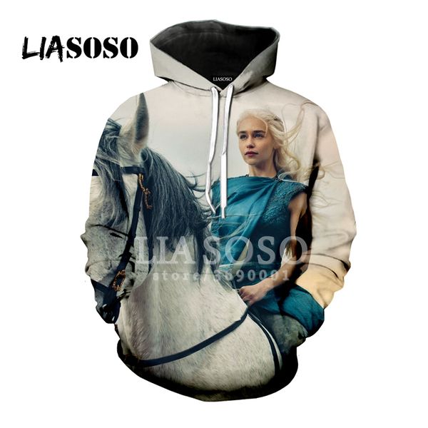 

liasoso 2018 3d print women men hooded hoodies sweatshirts daenerys stormborn pullover harajuku hip hop x0871, Black