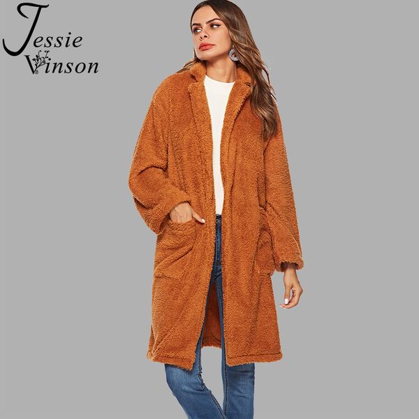 

jessie vinson turn-down collar pocket fleece faux fur coat women winter thick warm fleece long cardigan coat female outwear, Black