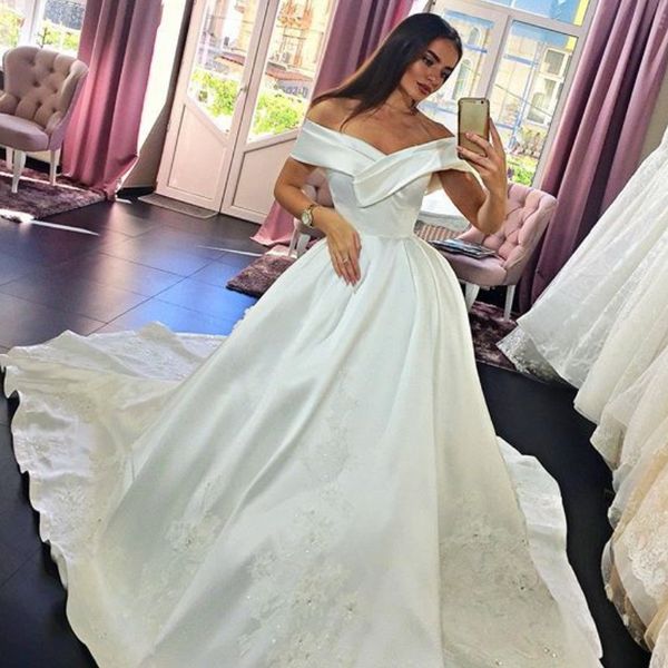 

custom made wedding gowns 2018 elegant a-line simple off shoulder long wedding dresses beads lace applique sweep train bridal gowns, White