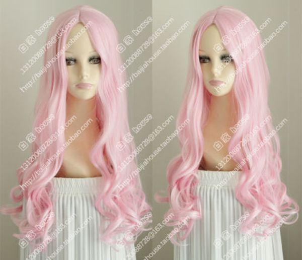 

pretty light pink wig stylish center parting cosplay wavy curly wig hair, Black