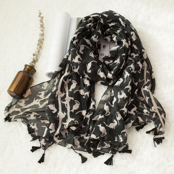 

lovely kitty printed pattern scarf tassel scarf cotton 10pcs/lot, Blue;gray