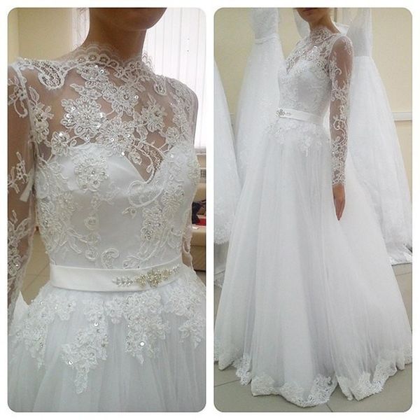 

elegant high neck a-line wedding dresses appliques lace beads with sash long sleeves bridal gown vestido de noiva, White