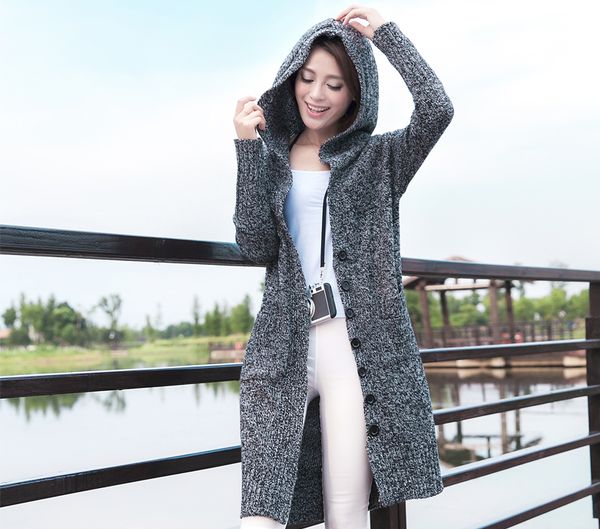 

thick warm hooded cardigan sweater women v-neck loose outerwear pull jumper with pocket casual knitted sweater, White;black