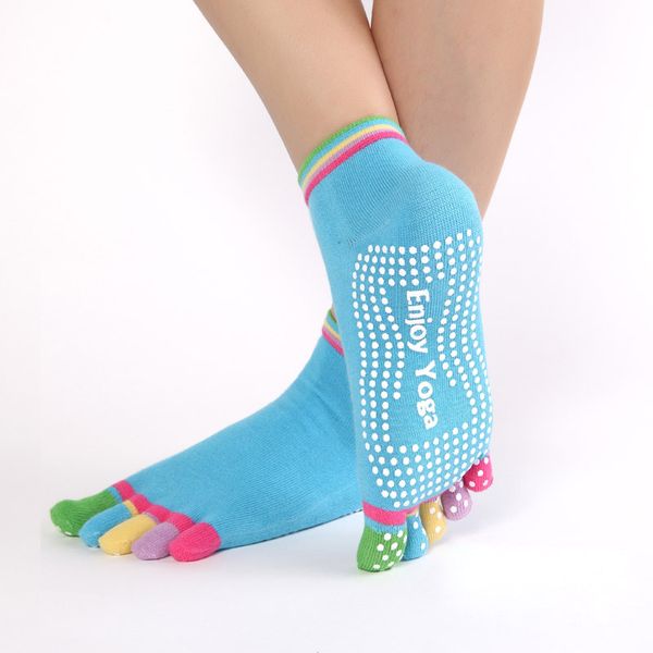 

women sports colorful yoga socks fitness and pilates cotton socks rainbow workout anti slip toe breathable purple, Black