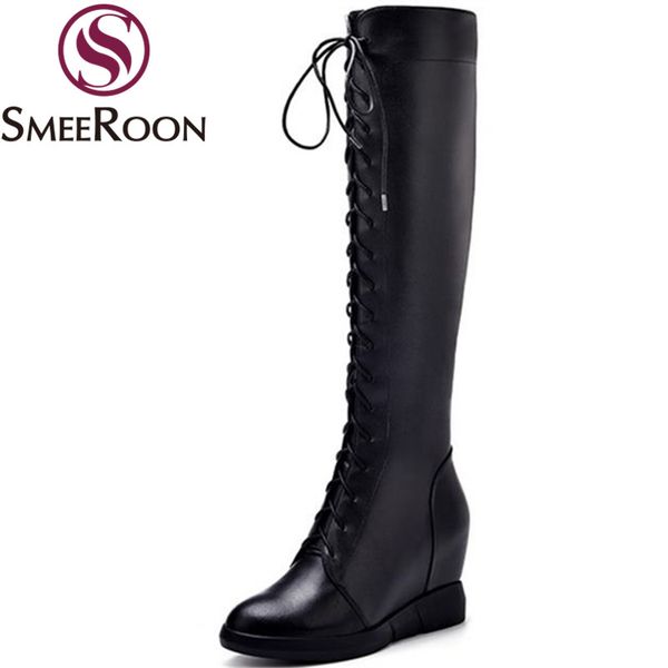 

smeeroon fashion genuine leather boots for women height increasing knee high boots fashion warm winter casual shoes woman, Black
