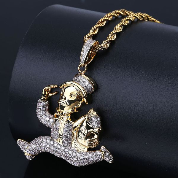 Hip Hop Iced Out Cartoon Running Clown Collana con pendente Micro pavé di zirconi Stella Catena d'oro Gioielli da uomo