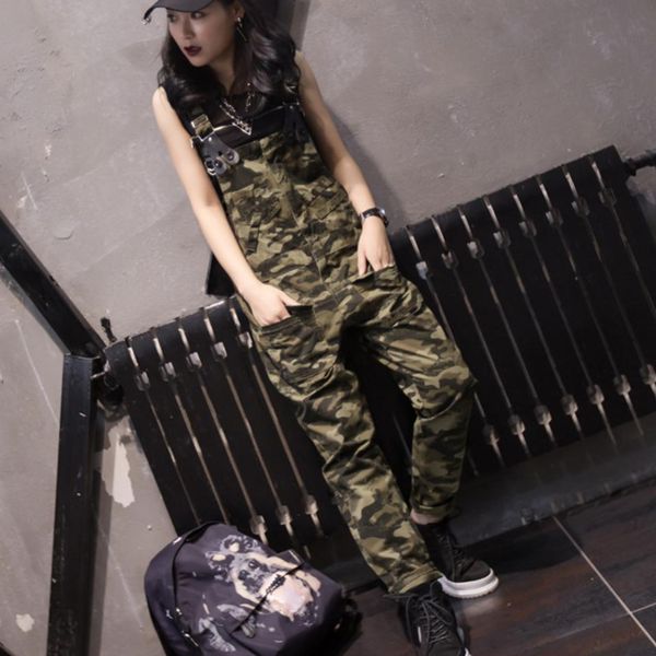 

camouflage print jumpsuit female 2018 autumn casual rompers womens fashion cargo pants long suspender trousers l1162, Black;white
