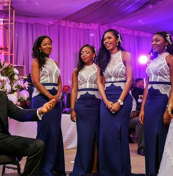 

Custom Made White And Blue Mermaid Bridesmaid Dresses With Sash Lace Split Evening Dress Sexy Party Prom Dress