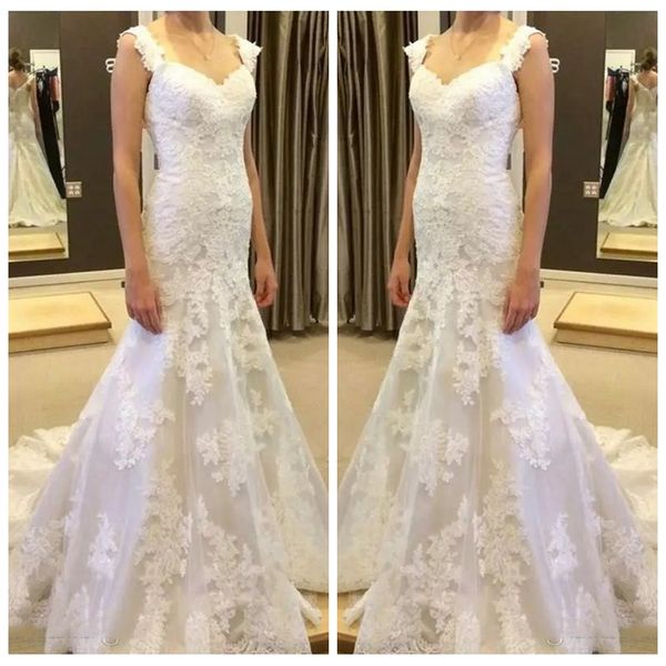 

spaghetti 2018 mermaid lace appliques slim wedding dress lace up back bridal gowns vintage formal vestidos de mariee bridal wear, White