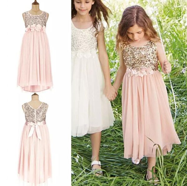 2015 Blush Blumenmädchenkleider Gold Pailletten Handgefertigte Blumenschärpe Teelanger Tüll Juwel A-Linie Kinder formelles Kleid Junior-Brautjungfernkleid