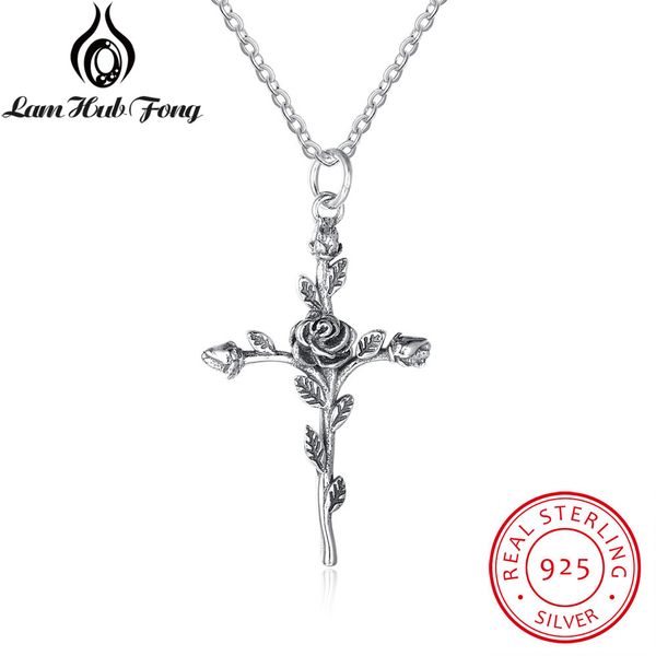 

rose & cross design 100% 925 sterling silver pendant necklace vintage women necklaces gothic jewelry (lam hub fong ne102030