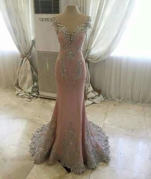 

lace crystals beaded pink prom dresses sheer neck mermaid back covered buttons sweep train saudi arabia evening party dresses, Black;red