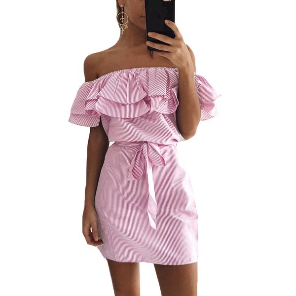 

2018 summer fashion women's new striped dresses ruffle mini dress casual style comfortable pretty belt women clothing, Black;gray