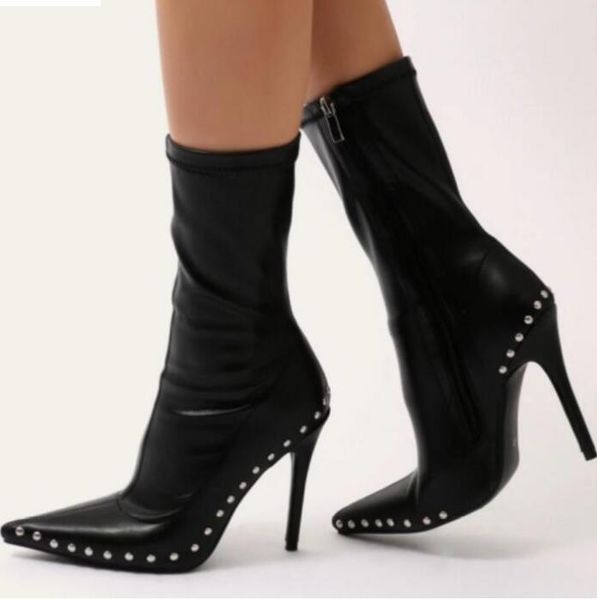 2018 printemps femmes bottines zip sur bottes à crampons femmes bottines à talons hauts talon mince perles bottes à crampons dame chaussures de fête bout pointu