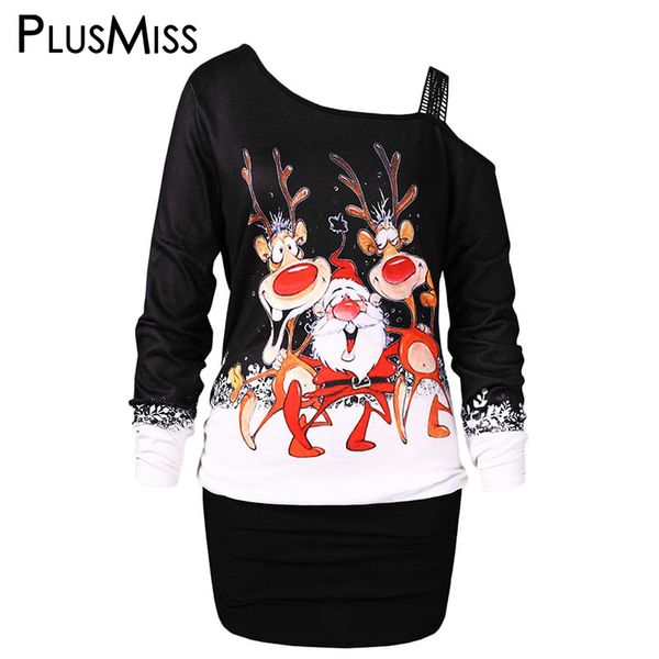 

plusmiss plus size 5xl christmas elk printed long t shirts xxxxl xxxl xxl women big size long sleeve one shoulder tees, White