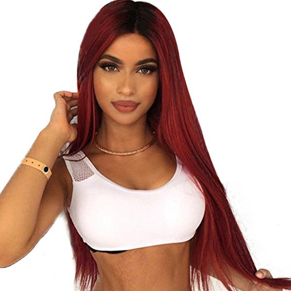 

red color human real hair full lace wig ombre color brazilian straight remy hair full lace wig natural hairline baby hairs, Black;brown