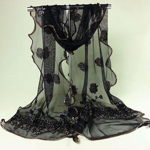 

new arrival women vintage scarf lace gauze rose flower veil scarves shawl wrap neckerchief tippet wraps echarpe, Blue;gray