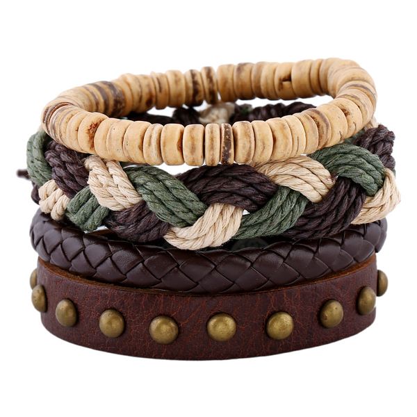 

4pc/set weaving bracelets vintage round beads 3 colors rope cross knit lots bronze rivet coffee leather bracelets dc94, Golden;silver