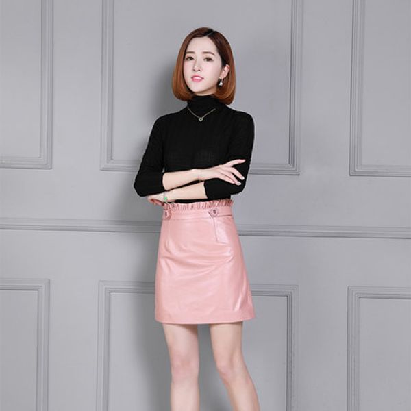 

2018 new fashion genuine sheep leather skirt k49, Black