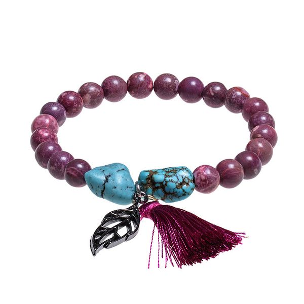 

trendy jewelry bracelets natural stone purple bead tassel alloy leaves pendant bracelets & bangles for women friend gift, Golden;silver