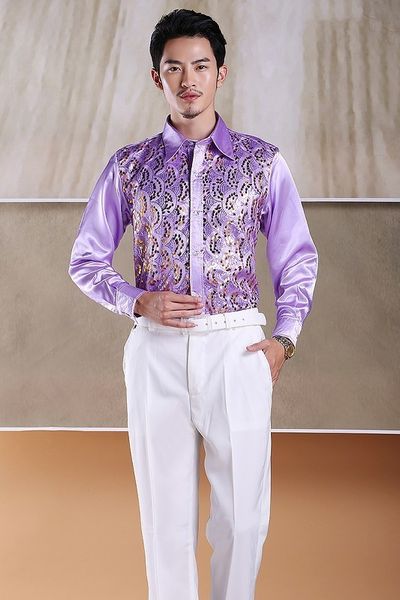 

pyjtrl men's fashion stage show purple silver piece pink yellow and blue shiny sequins slim shirt for men, White;black