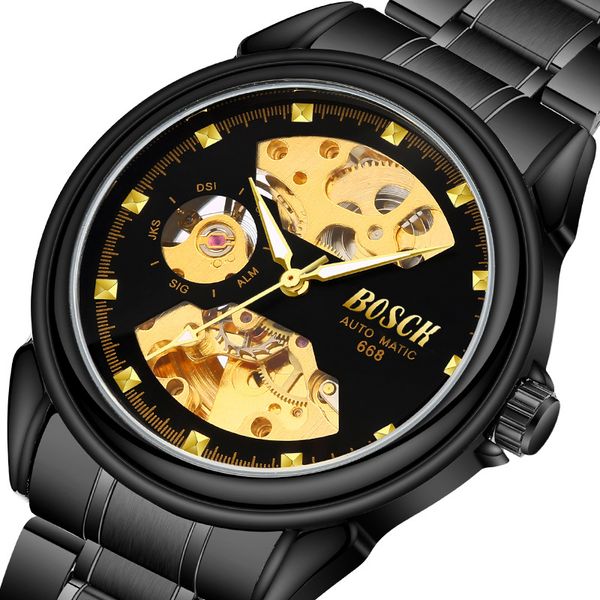 

full steel automatic watches men mechanical skeleton watch business male waterproof clock black relogio masculino, Slivery;brown