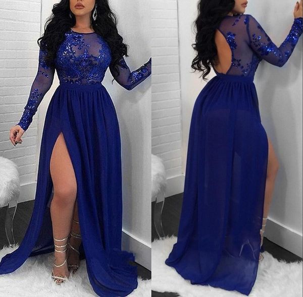

sheer long sleeves royal blue african mermaid party prom dresses mermaid sequins appliques side split backless evening gowns, Black