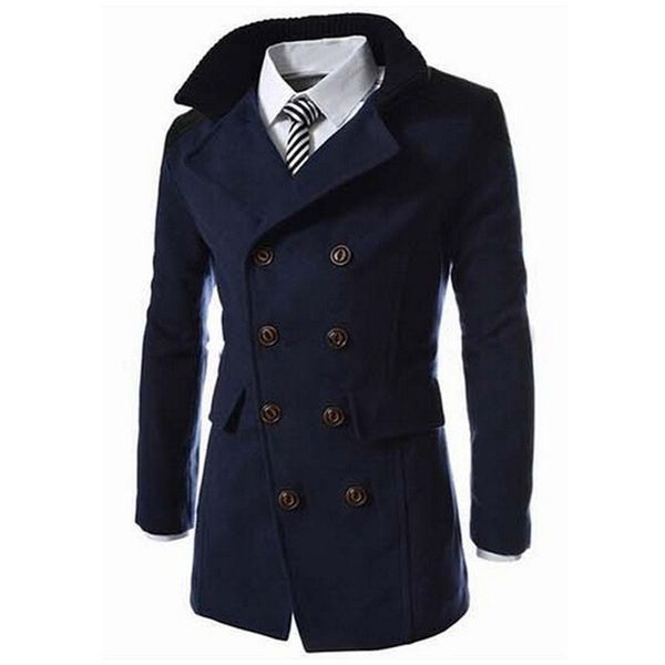 

autumn long wool coat men fashion turn-down collar wool blend double breasted pea coat jacket men brand overcoats ak002, Black