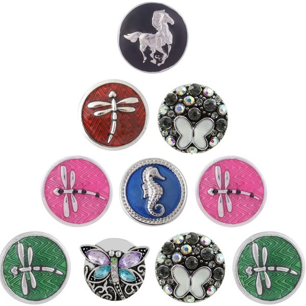 

new 10pcs snap jewelry metal dragonfly butterfly rhinestone snap buttons fit 18mm bracelets for women girl gifts, Golden;silver