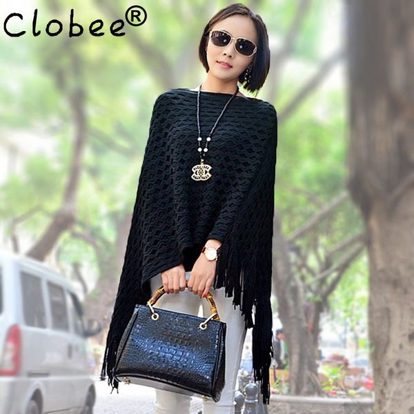 

2017 new women cape poncho tassel autumn sweaters batwing knitted tassels hem pullover irregularity cloak shawl mantle vr26, White;black