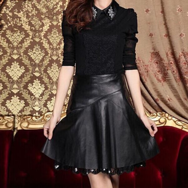 

new leather sheepskin skirt high waist skirt, Black