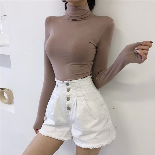 

осень зима 2018 тенниска женщин корейской основывая рубашки с длинным рукавом turn down воротник sexy high упругие тонкий femme casual лучши, White