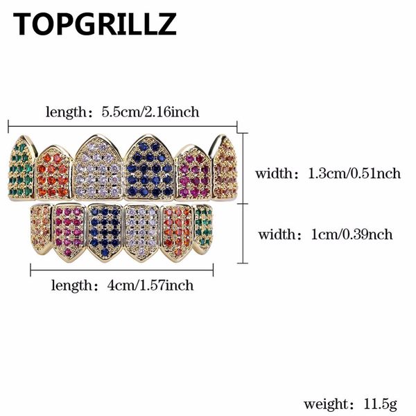 Griglie TOPGRILLZ Colore oro/argento Grillz MultiColor Micro Pave CZ Bling Cubic Zirconia Top Bottom Denti Grillzs Griglie Hip Hop