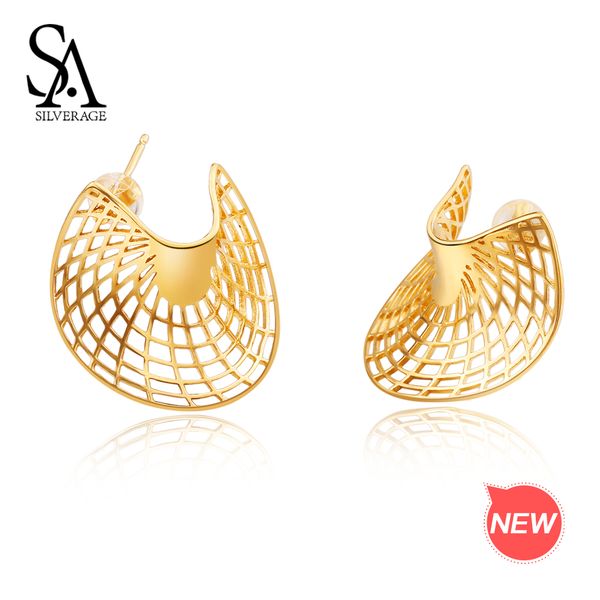 

sa silverage 925 sterling silver 14k yellow gold plated stud earrings for women sector earrings fashion jewelry gift for woman, Golden;silver