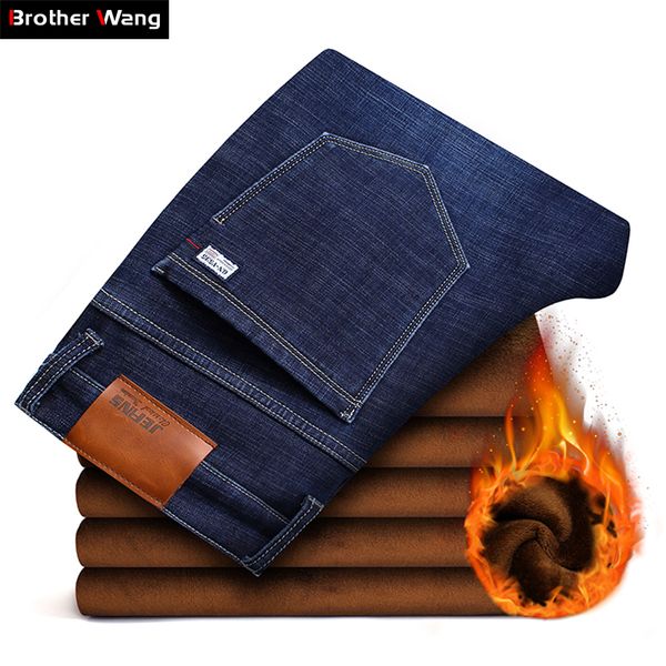 

2018 new men's winter brand jeans warm slim fit denim pants male balck blue thicken trousers jeans big size men 38 40 42 44 46