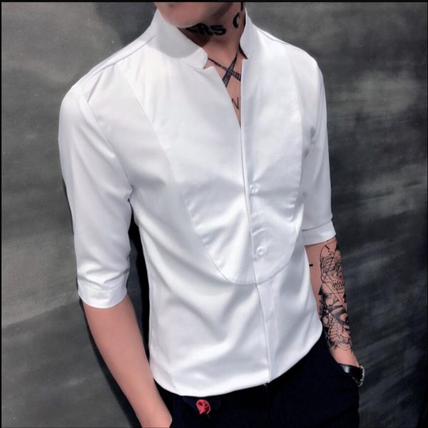 

3xl new summer men's fashion stand collar slim shirt korean casual thin section handsome hair stylist tide casual shirts, White;black