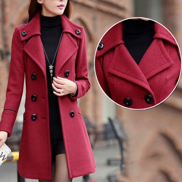 

fashion solid winter woolen coats for women double breasted overcoat turn-down collar slim outerwear female trench coat, Tan;black