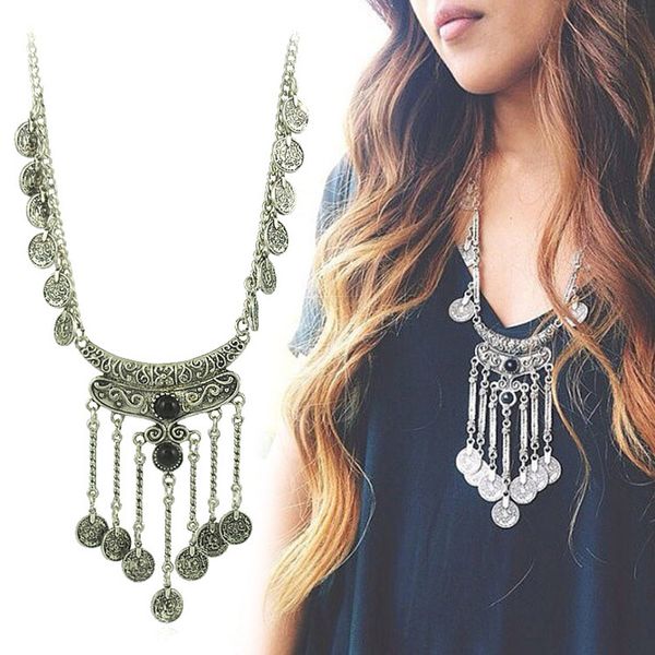 

tassel exaggerated long silver plated coin necklace women turkish ethnic nice necklaces & pendant for women collares