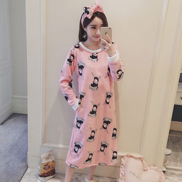 

2017 autumn winter print warm flannel nightgown home wear lovely nightgowns for women girl sleepwearnightgown send hair band, Black;red