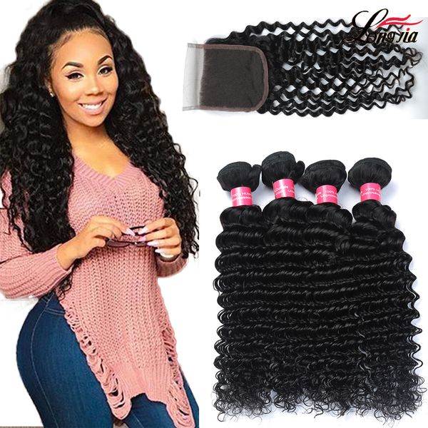 

brazilian deep wave hair with closure wholesale unprocessed human hair extension 3/4 bundles deep wave virgin hair with closure, Black