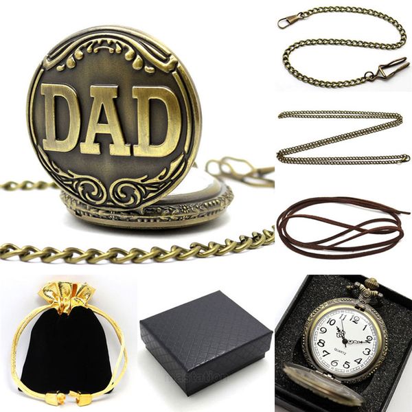 

fathers days gifts set antique dad pocket watch pendant fob chain leather necklace box gift bag daddy watches present, Slivery;golden