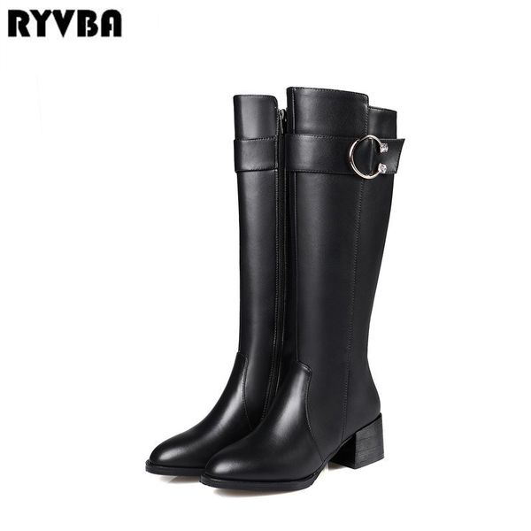 

ryvba 2018 women genuine leather thigh high boots womens winter knee high boots black square heels woman pointed toe shoes
