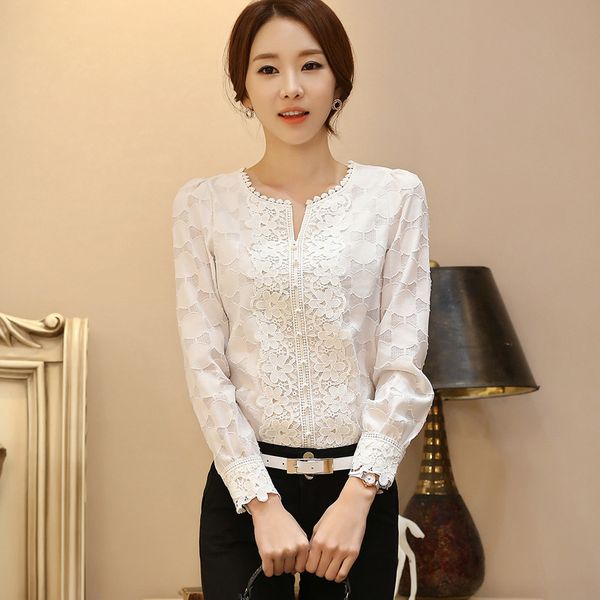 

New Autumn Crochet Lace Blouse Shirt Korean Women Long Sleeves Women Shirts Floral White Tops Wholesale