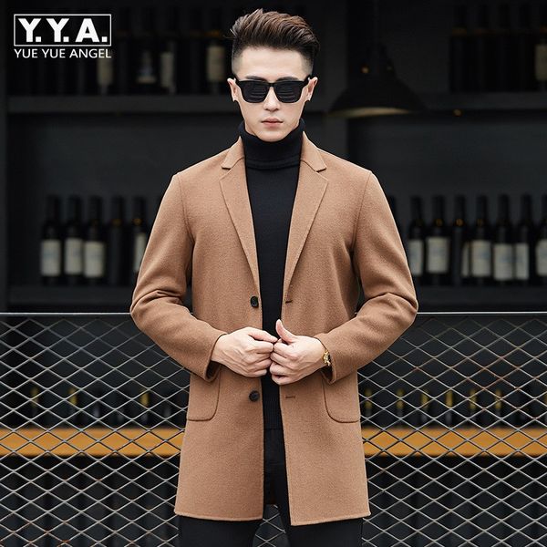 

wool blend coat men casual single breasted suit collar jacket autumn winter business solid color long casaco masculino, Black