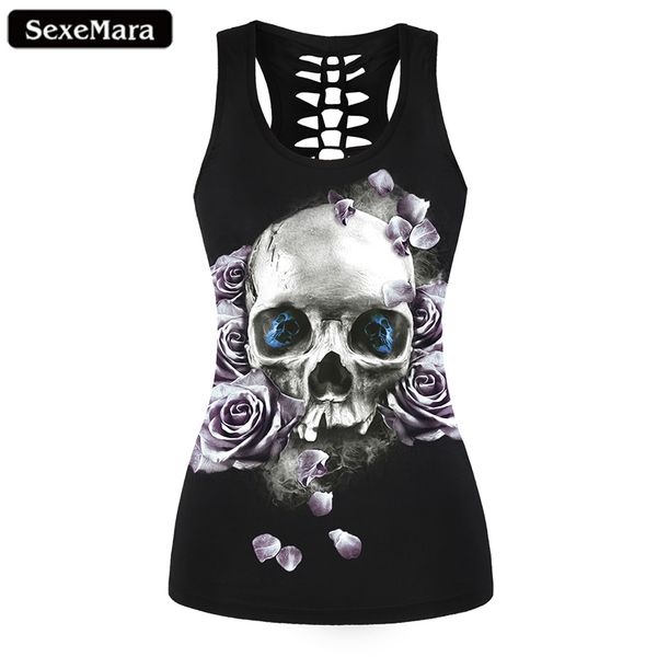 

vintage skull printed women fitness tank gothic punk style o neck sleeveless tee tight vest female sporting clothing, White