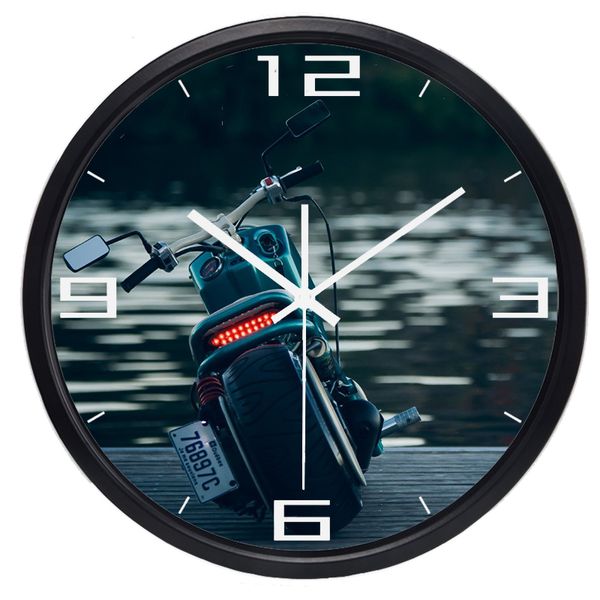 

creative motorcycle wall clock for men living room office, bedroom, glass face metal frame no sound smooth gift clock